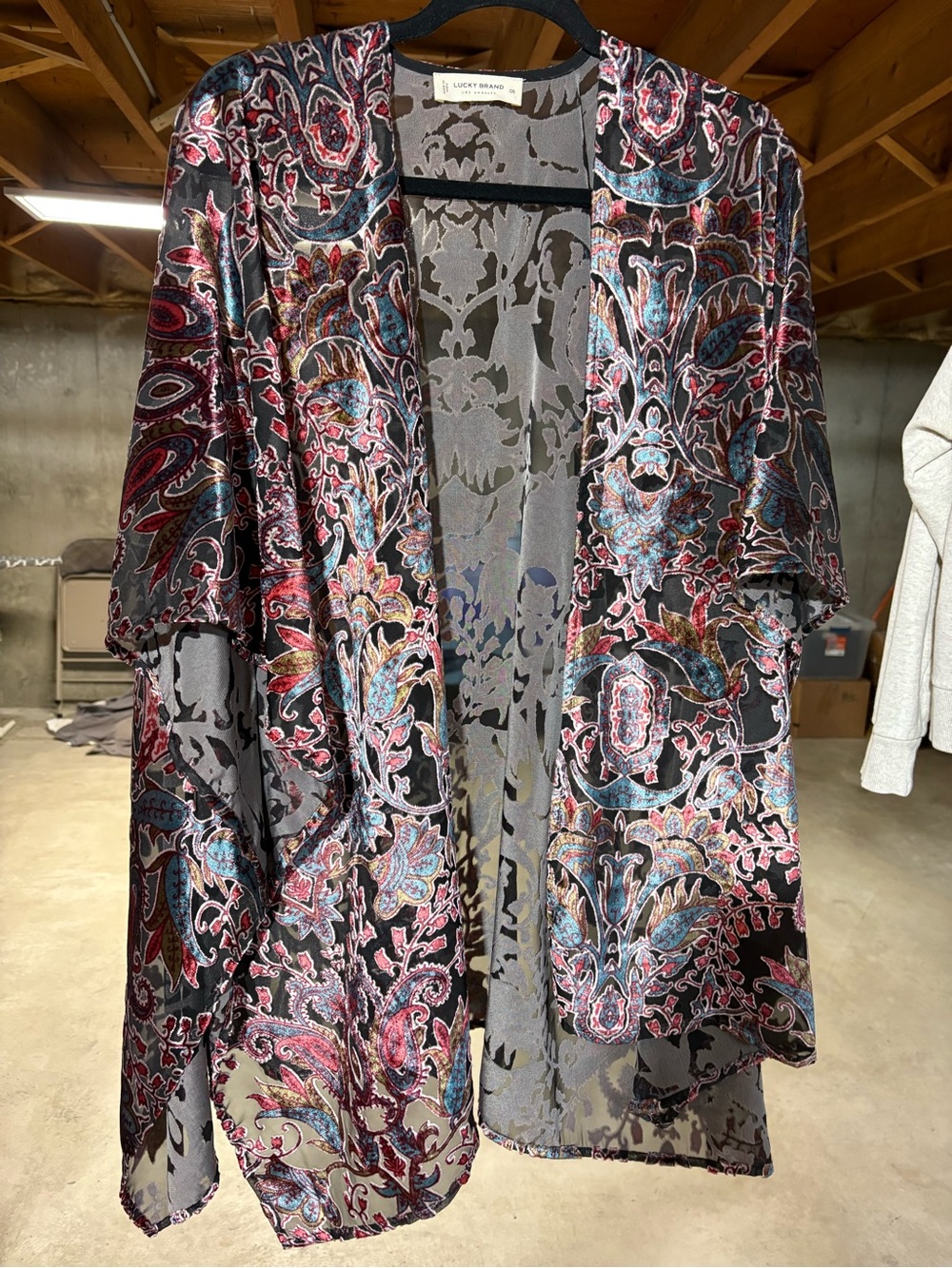 Lucky Brand Velvet Paisley Open-Front Kimono in Black, Blue & Red